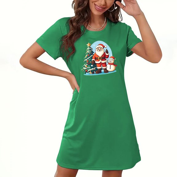 Homenesgenics Christmas Pajamas Dress for Women Plus Size Round Neck Short Sleeve Santa Claus Printed Nightdress Green M