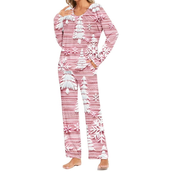 Homenesgenics Christmas Pajamas for Women One Set,Plus Size Pajamas ,Women's Long Sleeve Tops Pants Home Wear Pajama Set Night Wear with Pocket Pink L