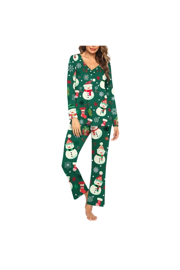 Christmas Pajamas for Women Onesies Plus Size Women's Long Sleeve Tops+Pants Home Wear Pajama Set Night Wear with Pocket Green M