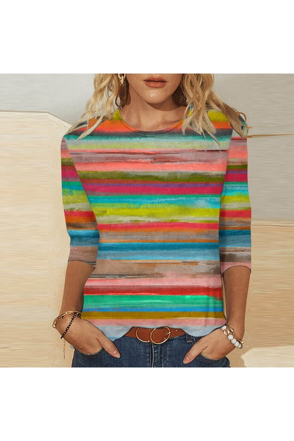 Clothes under $5.00 Women's Fashion Printed T-shirt 3/4 Sleeves Blouse Round Neck Casual Tops(Multi-color,S)