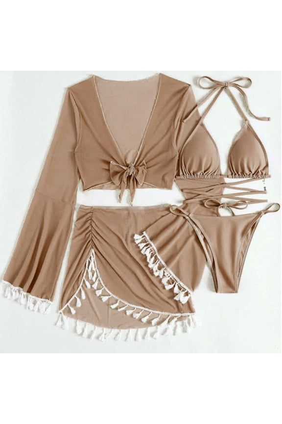 Swim Suits for Women 2026 Tankini Bikini Four-piece Suit Women Bandage Solid Sexy Bikini Push-Up Padded Swimwear Swimsuit Beachwear Set Brown XL