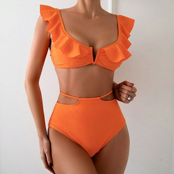 Homenesgenics Swim Suits for Women 2026 Tankini Bikini Women Solid Color Sexy Backless Strap Bikini Swimsuit Ruffled Flounce One Piece Swimwear Orange L