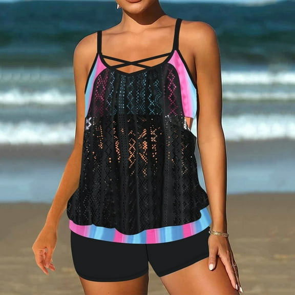 Homenesgenics Swim Suits for Women 2026 Tankini Bikini Women's Plus Size Conservative Lace Stitching Suit Swimming Trunks Split Swimsuit Suit Black XL