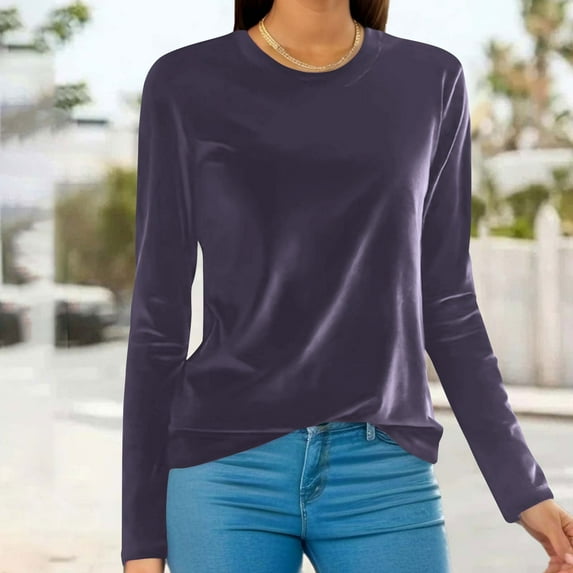 Homenesgenics Velvet Tops for Women Fashion Women Comfortable Casual Solid Color Long Sleeve Round-Neck Blouses womens tops under $5