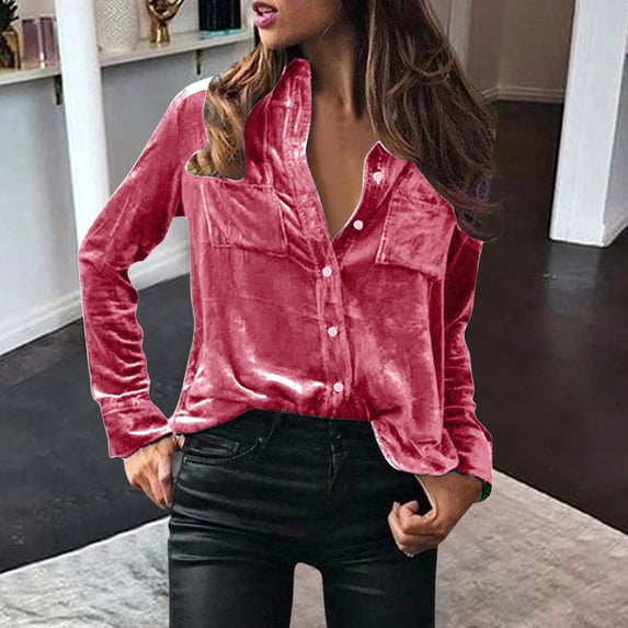 Homenesgenics Velvet Tops for Women Fashion Women Comfortable Casual Solid Color Long Sleeve Round-Neck Blouses womens tops under $5