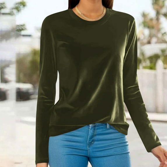 Homenesgenics Velvet Tops for Women Fashion Women Comfortable Casual Solid Color Long Sleeve Round-Neck Blouses womens tops under $5