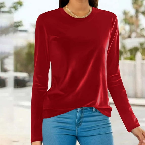Homenesgenics Velvet Tops for Women Fashion Women Comfortable Casual Solid Color Long Sleeve Round-Neck Blouses womens tops under $5