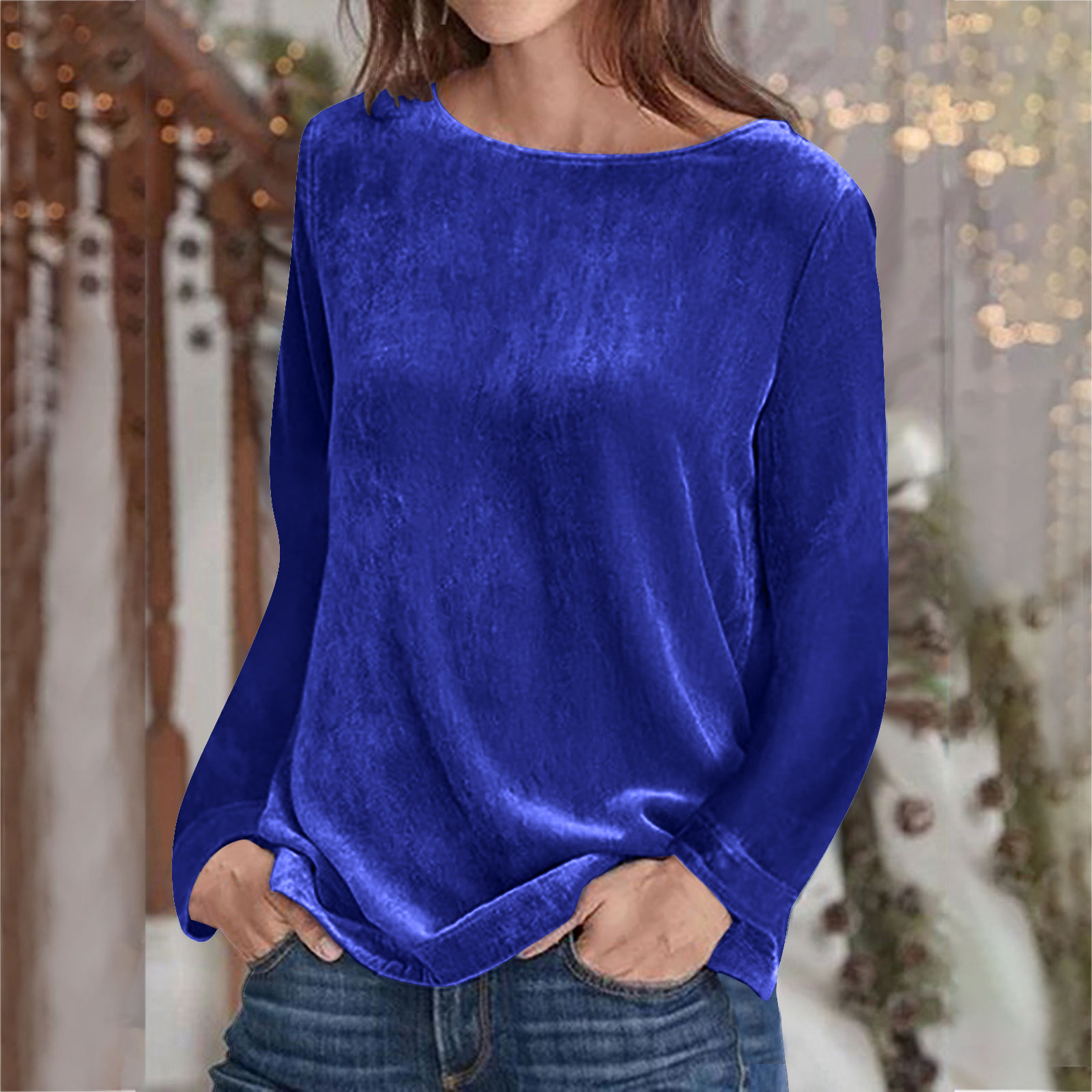 Homenesgenics Clearance Velvet Tops for Women Fashion Women Pullover Solid Long Sleeve Casual Shirt Blouse Tops/Blue L