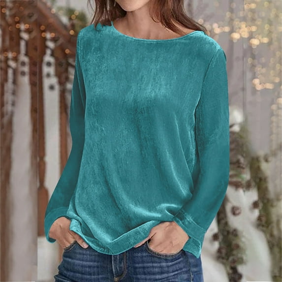 Homenesgenics Velvet Tops for Women Fashion Women Pullover Solid Long Sleeve Casual Shirt Blouse Tops/Blue M