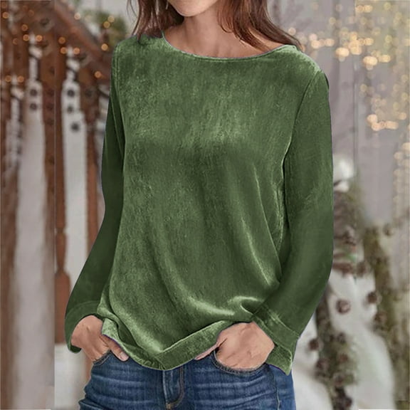 Homenesgenics Velvet Tops for Women Fashion Women Pullover Solid Long Sleeve Casual Shirt Blouse Tops/Green XXXL