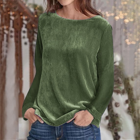 Homenesgenics Velvet Tops for Women Fashion Women Pullover Solid Long Sleeve Casual Shirt Blouse Tops/Green XXXL