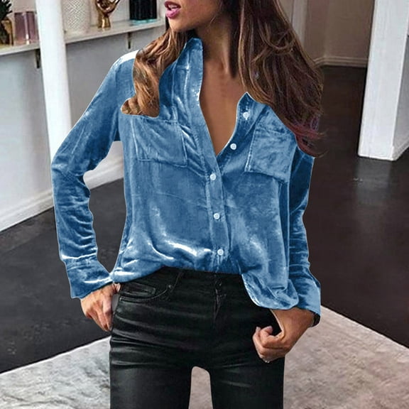 Homenesgenics Velvet Tops for Women Women's Ladies Solid Button Collar Tops Loose Tops Casual T-Shirts Long Sleeve Blouse/Blue L