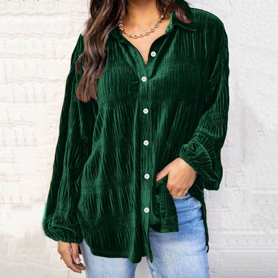 Homenesgenics Velvet Tops for Women Women's Ladies V-Neck Loose Tops Casual T-Shirts Long Sleeve Blouse/Green L