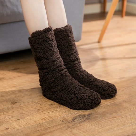 Homenesgenics Compression Socks for Women Fuzzy Slipper Ankle Boot Crew Diabetic Solid Color Long Slippers Thick Plush indoor Double-Layer