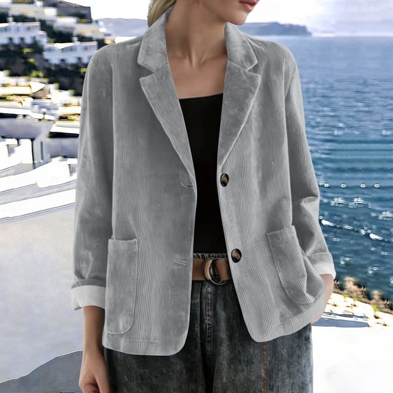 Homenesgenics Corduroy Blazers for Women Plus Size Fall/Winter Lapel Button Oversized Loose-Fit Comfortable Business Casual with Shoulder Pads Gray M