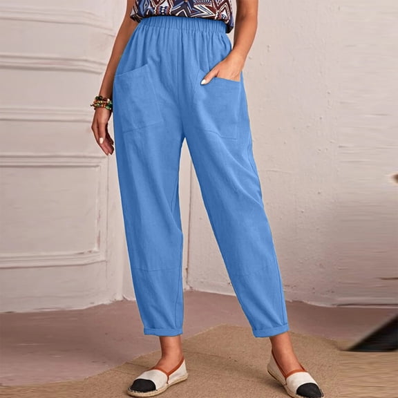 Homenesgenics Womens Pants Plus Size Women Fashion Elastic Waist Casual Pure Color Straight Leg Cotton Linen Cropped Pocket Trousers