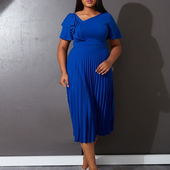 Homenesgenics Dresses for Women Womens Dresses Summer Women Short Sleeved Waistband for Effect RUFFLE HEM Short Sleeve Pleated Dress Blue XXXL