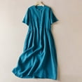 thumbnail image 1 of Homenesgenics Dresses for Women Womens Dresses Summer Women's Cotton and Linen Lightweight Short Sleeved Round Neck Elastic Waist Large Mid Length Dress Blue M, 1 of 9