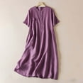 thumbnail image 1 of Homenesgenics Dresses for Women Womens Dresses Summer Women's Cotton and Linen Lightweight Short Sleeved Round Neck Elastic Waist Large Mid Length Dress Purple M, 1 of 9