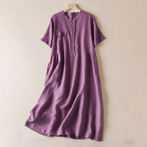 Homenesgenics Dresses for Women Womens Dresses Summer Women's Cotton and Linen Lightweight Short Sleeved Round Neck Elastic Waist Large Mid Length Dress Purple M
