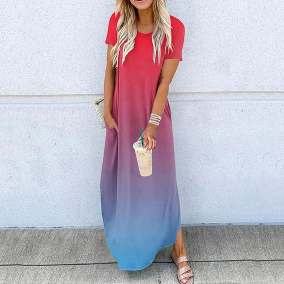 Homenesgenics Dresses for Women Womens Dresses Summer Women's Dresses Summer Casual Rounk Neck Short Sleeve Pockets Printing Long Dress Red XXL