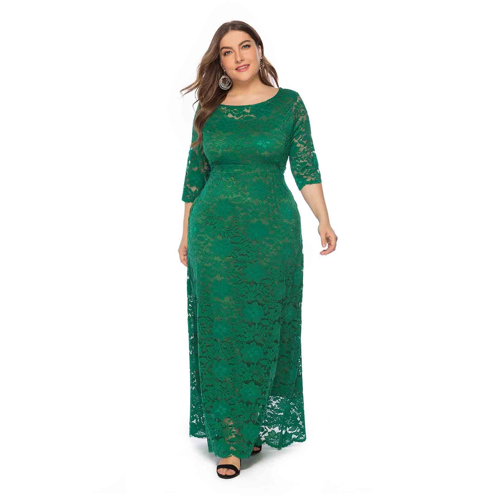 Homenesgenics Dresses for Women Womens Dresses Summer Women's Fashion Hollow Out Lace Pocket Long Dress Evening Dress Party Dress Green XXXL
