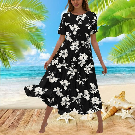 Homenesgenics Dresses for Women Womens Dresses Summer Women's Flower Printing Casual Short Sleeve CrewNeck Dress Casual Flowy Tiered Maxi Beach Dress Black XL