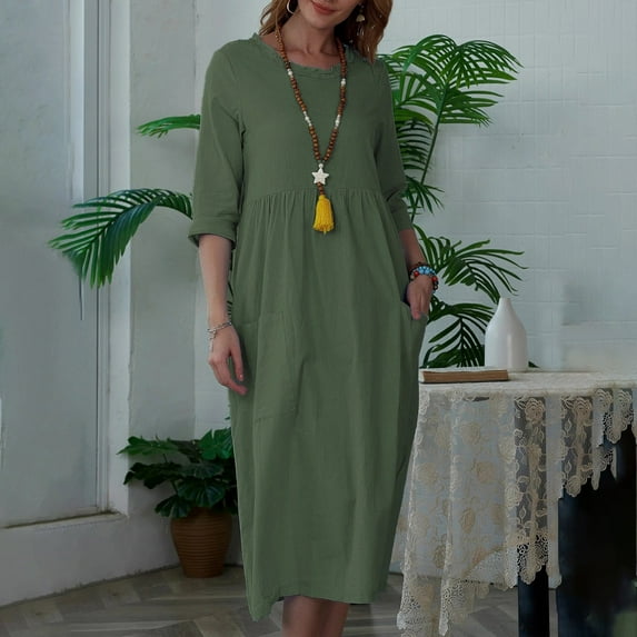 Homenesgenics Dresses for Women Womens Dresses Summer Women's Solid Color Three-Quarter Sleeve Round Neck Casual Loose Pocket Dress Green XXL