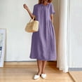 thumbnail image 1 of Homenesgenics Dresses for Women Womens Dresses Summer Women's Summer Fashion Solid Color Round Neck Short Sleeve Cotton Linen Dress Purple XL, 1 of 9