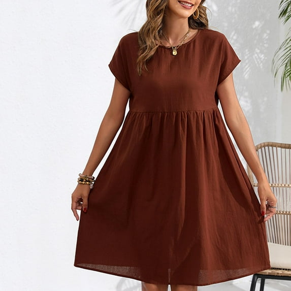 Homenesgenics Dresses for Women Womens Dresses Summer Women's Summer and Linen Casual Mid Length Solid ColorShortSleeve Round Neck Dress Brown S