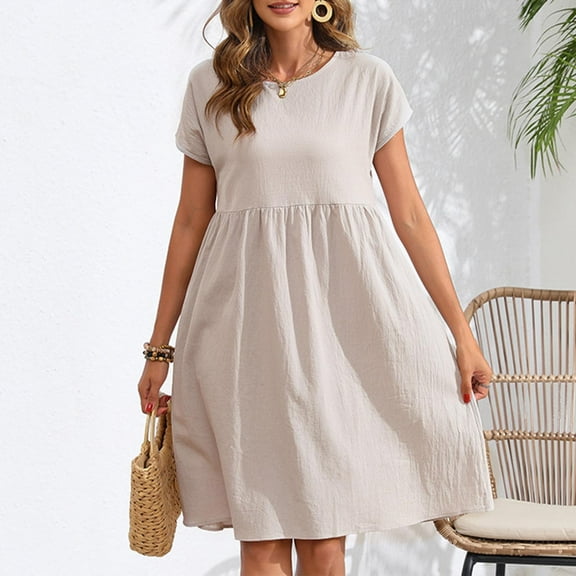 Homenesgenics Dresses for Women Womens Dresses Summer Women's Summer and Linen Casual Mid Length Solid ColorShortSleeve Round Neck Dress Gray M