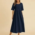 thumbnail image 1 of Homenesgenics Dresses for Women Womens Dresses Summer Women's Summer Loose Fitting Dress Fashion Casual Cotton Linen Round Neck 5/4 Sleeve Length Dress Blue XL, 1 of 6