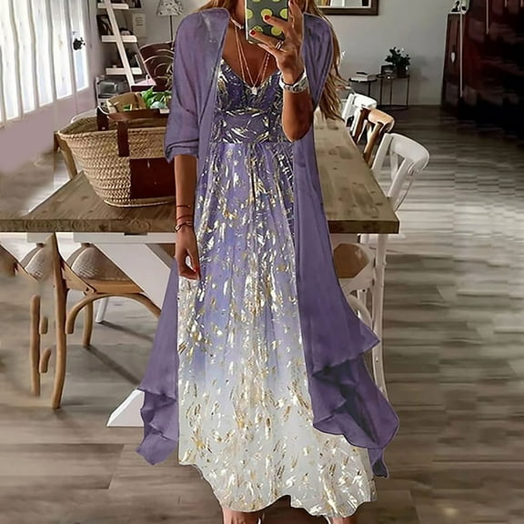 Homenesgenics Dresses for Women Under $10 Summer 3/4 Sleeve Smock + Dress Two Piece Set Long Dress Beach Maxi Dress