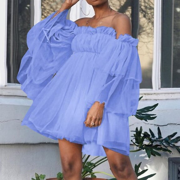Homenesgenics Dresses for Women Womens Dresses Summer Fashion Women's Sexy Casual off Shoulder Long Sleeve Solid Dress Dresses Blue S