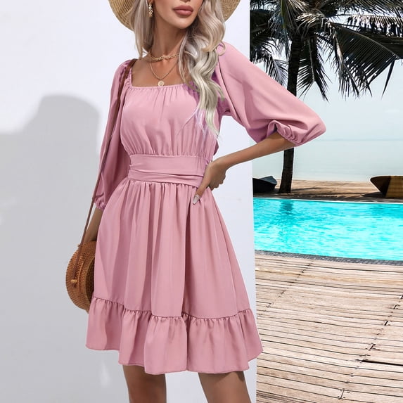 Homenesgenics Dresses for Women Womens Dresses Summer Fashion Women's Summer Casual Slim V-shaped Short-sleeved Solid Color Dress Pink S