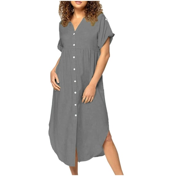 Homenesgenics Dresses for Women Womens Dresses Summer Ladies Fashion Loose Temperament Casual Solid Color Button Mid-length Dress Gray XL