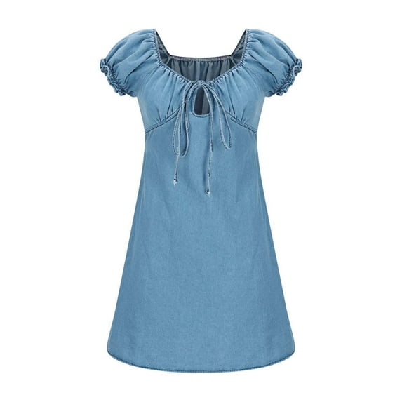 Homenesgenics Dresses for Women Womens Dresses Summer Ladies Temperament Commuting Fashion Loose Fitting Denim Short Sleeved Dress Blue M