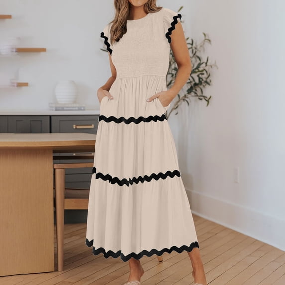 Homenesgenics Dresses for Women Womens Dresses Summer Women Casual Round Neck Pullover Pocket Lace Patchwork Dress Brown S