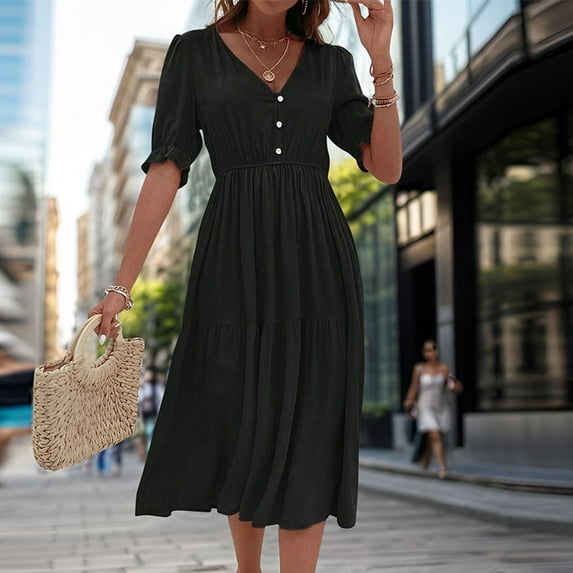 Homenesgenics Dresses for Women Womens Dresses Summer Women Fashion Fallow Solid Short Sleeve-Neck High Waist Dress Black S