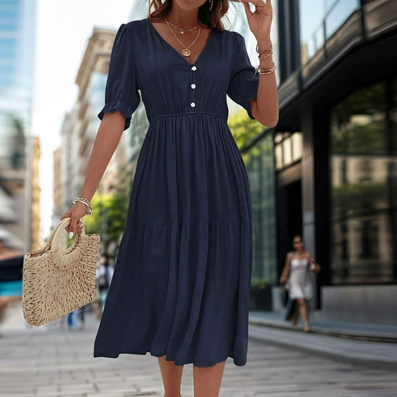 Homenesgenics Dresses for Women Womens Dresses Summer Women Fashion Fallow Solid Short Sleeve-Neck High Waist Dress Blue M