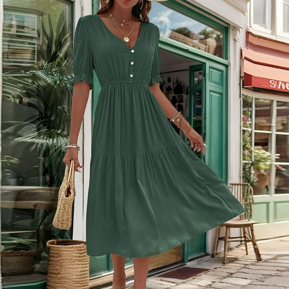 Homenesgenics Dresses for Women Womens Dresses Summer Women Fashion Fallow Solid Short Sleeve-Neck High Waist Dress Green M