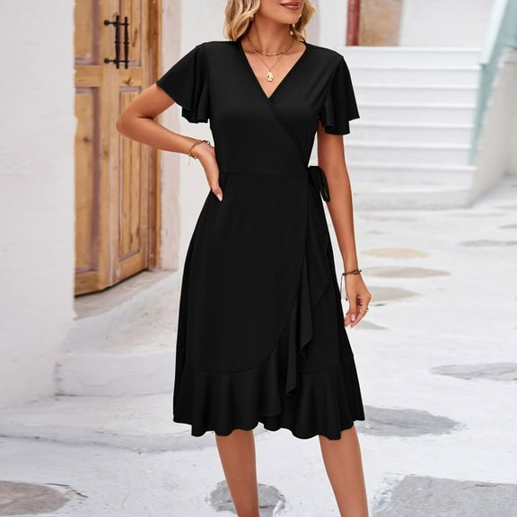 Homenesgenics Dresses for Women Womens Dresses Summer Women Sexy V-Neck Short Sleeve Lace Up Dress Irregular Tight Skirt Black M