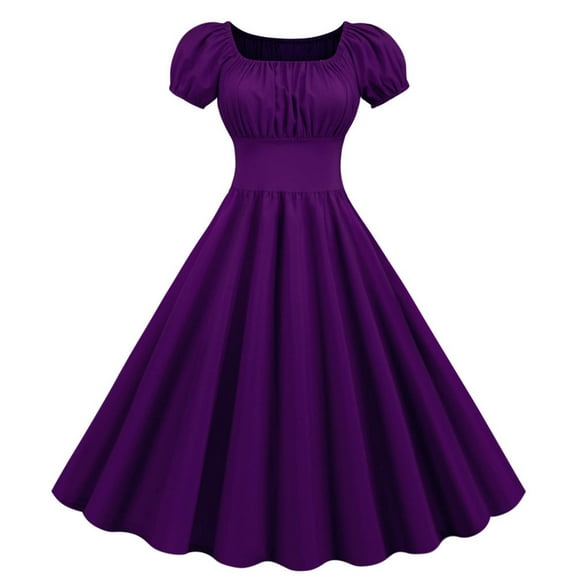 Homenesgenics Dresses for Women Womens Dresses Summer Women's Fashion Casual Solid Color Short Sleeve Neck Knee Length Dress Purple XL