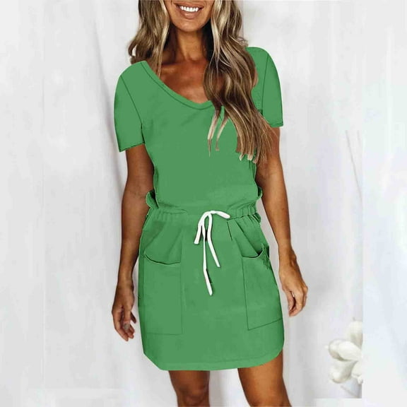 Homenesgenics Dresses for Women Womens Dresses Summer Women's Fashion Solid Color Short Sleeve-Neck Mid-Calf Dress Green M