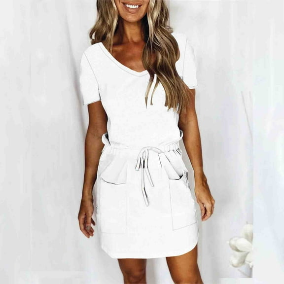 Homenesgenics Dresses for Women Womens Dresses Summer Women's Fashion Solid Color Short Sleeve-Neck Mid-Calf Dress White XXL