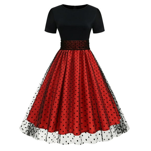 Homenesgenics Dresses for Women Womens Dresses Summer Women's Summer Casual Round Neck Short Sleeved Polka Patchwork Vintage Dress Red M