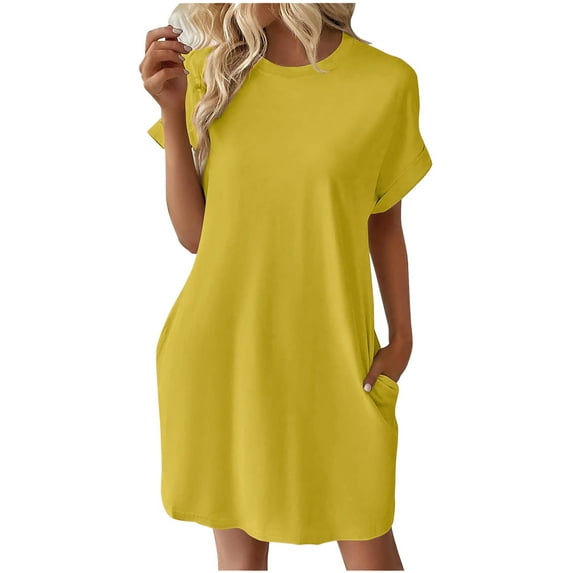 Homenesgenics Dresses for Women Womens Dresses Summer Women's Summer Fashion Solid Color Pocket Short Sleeve Round-Neck Dres Yellow L