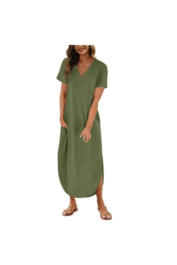 Dresses for Women Womens Dresses Summer Women's Summer Sexy Fashion Solid Color Pocket Sleeveless-Neck Dress Green XL