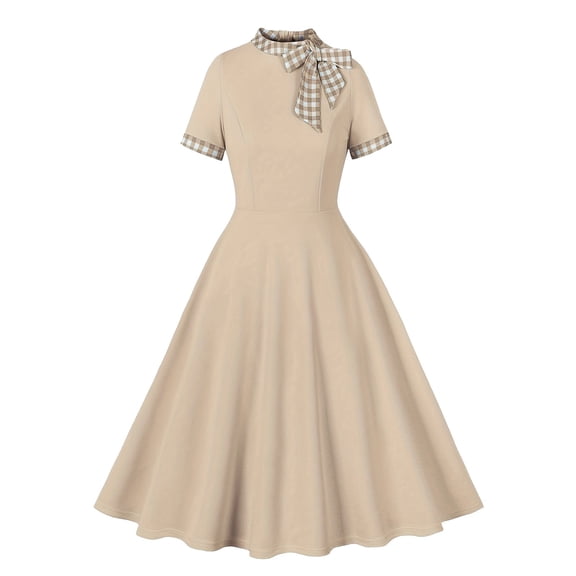 Homenesgenics Dresses for Women Womens Dresses Summer Women's Temperament Lattice Round Neck Bandage Bow Dress Brown S