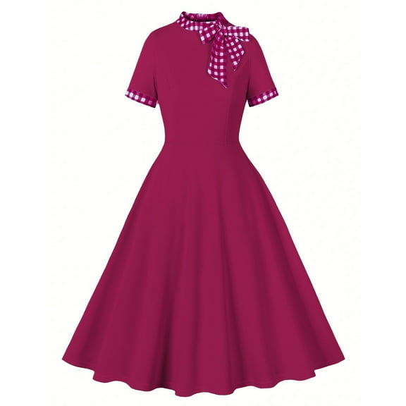 Homenesgenics Dresses for Women Womens Dresses Summer Women's Temperament Lattice Round Neck Bandage Bow Dress Red L